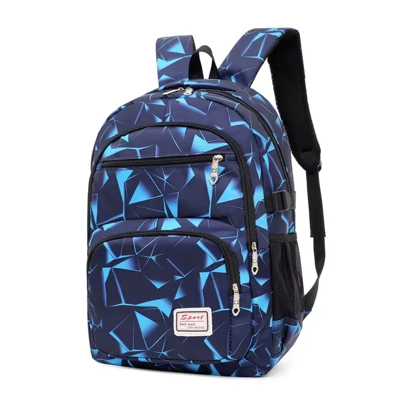 sac dos nylon noir motif géométrique bleu blanc poches lateral zipper usage école voyage