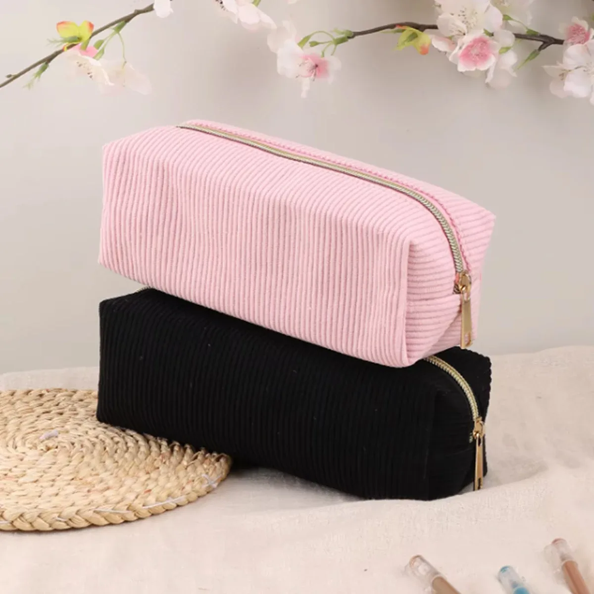sac à cosmétiques portable en velours côtelé, grande capacité, sac de voyage pour maquillage, trousse de toilette portable pour femmes et filles, rangement multifonctionnel