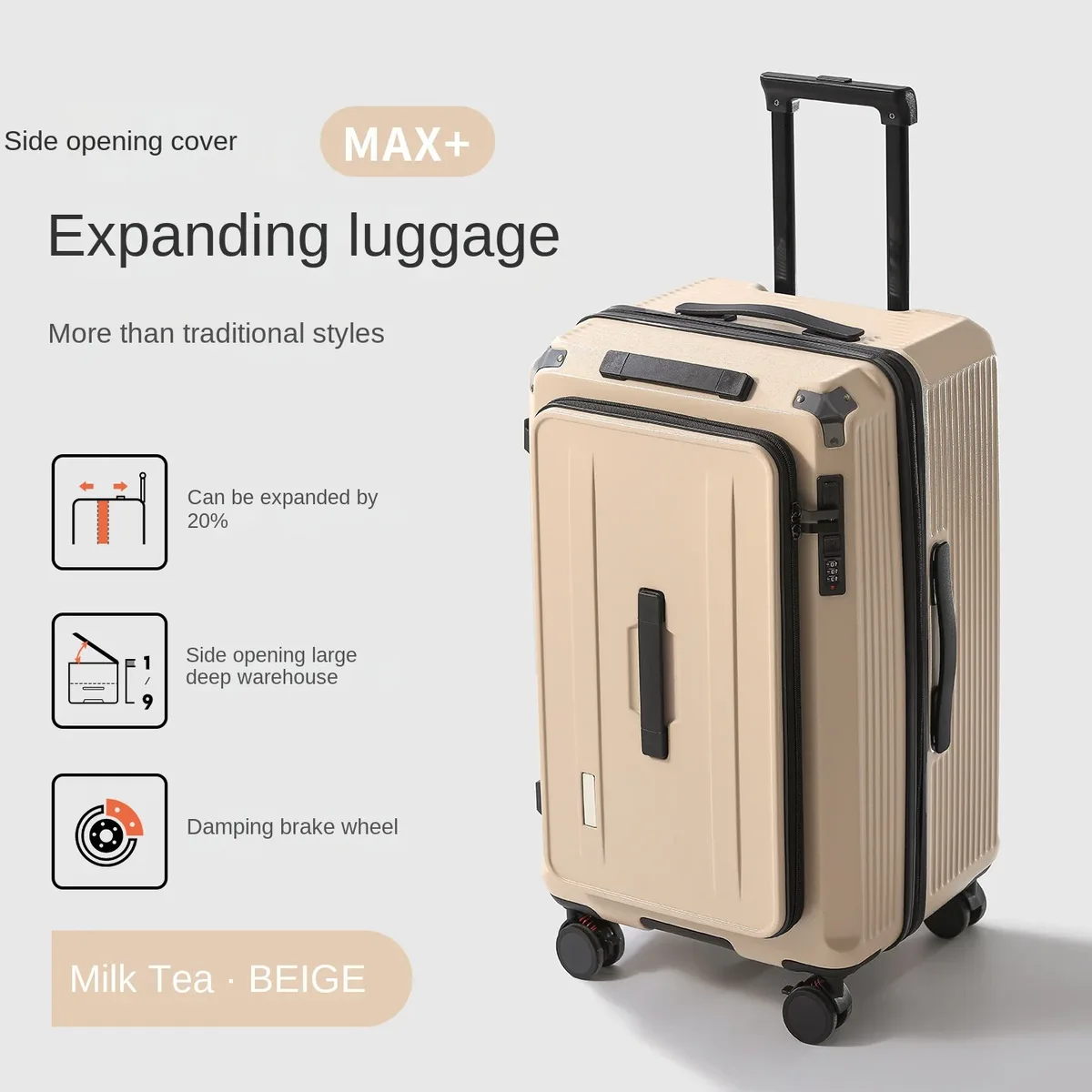 valise de voyage à ouverture latérale, 20 pouces, extensible, 20%, 24-28 pouces, grande capacité, valise de voyage, serrure à combinaison, boîtier de chariot