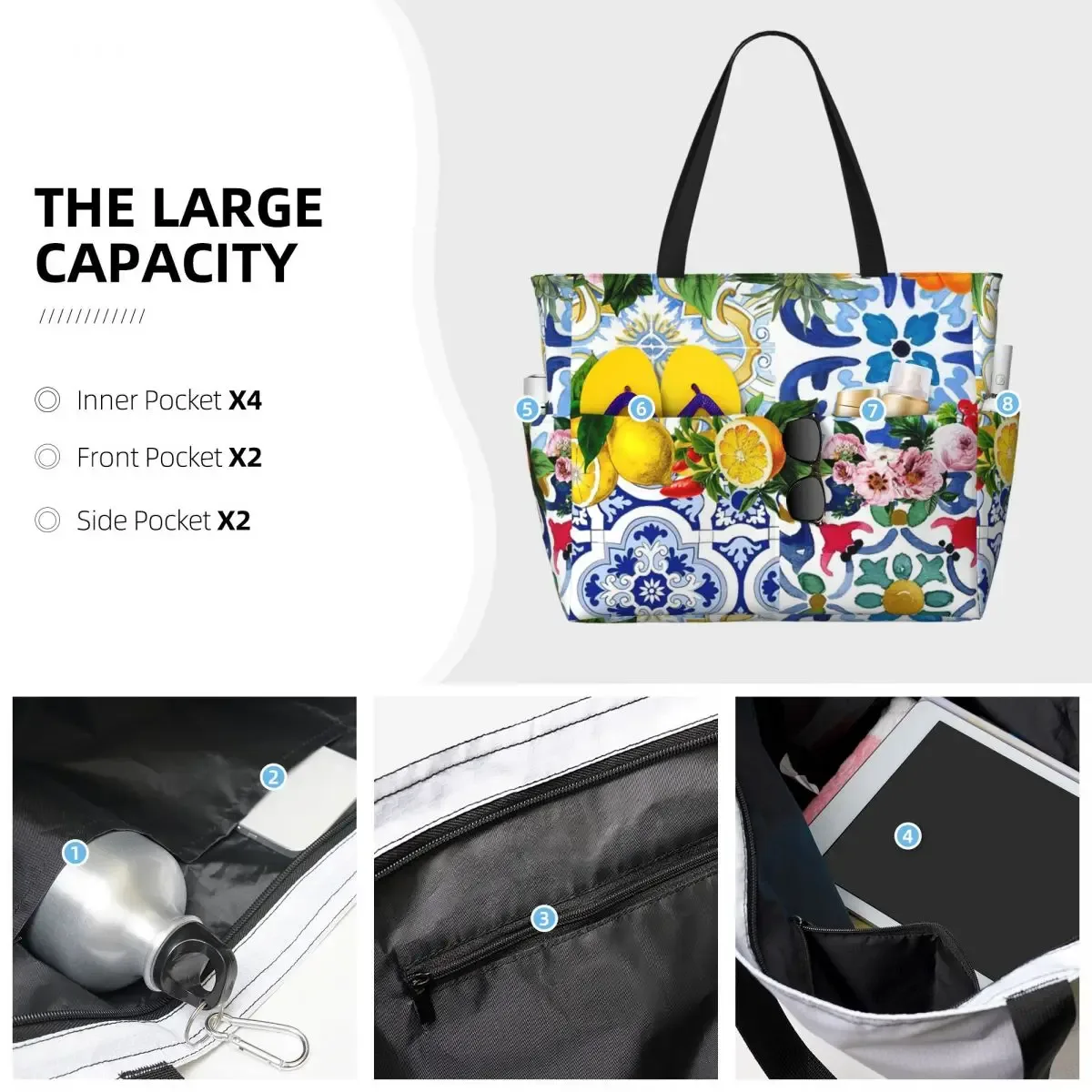 carreaux siciliens, méditerranéens, mosaïque, limons, sac fourre-tout de plage, sport, gymnastique, yoga, grand fourre-tout, sac de voyage pour femmes, sac de fitness