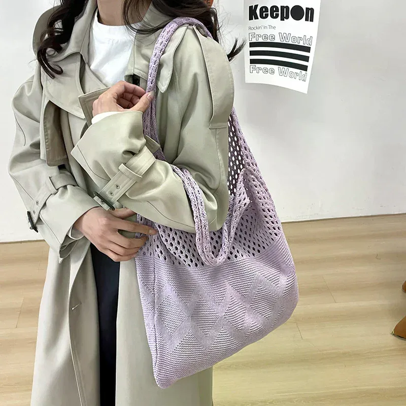 sac de rangement portable en fil tricoté style rétro, grande capacité, sac à bandoulière décontracté, sac de shopping, sac fourre-tout pratique, sac à main