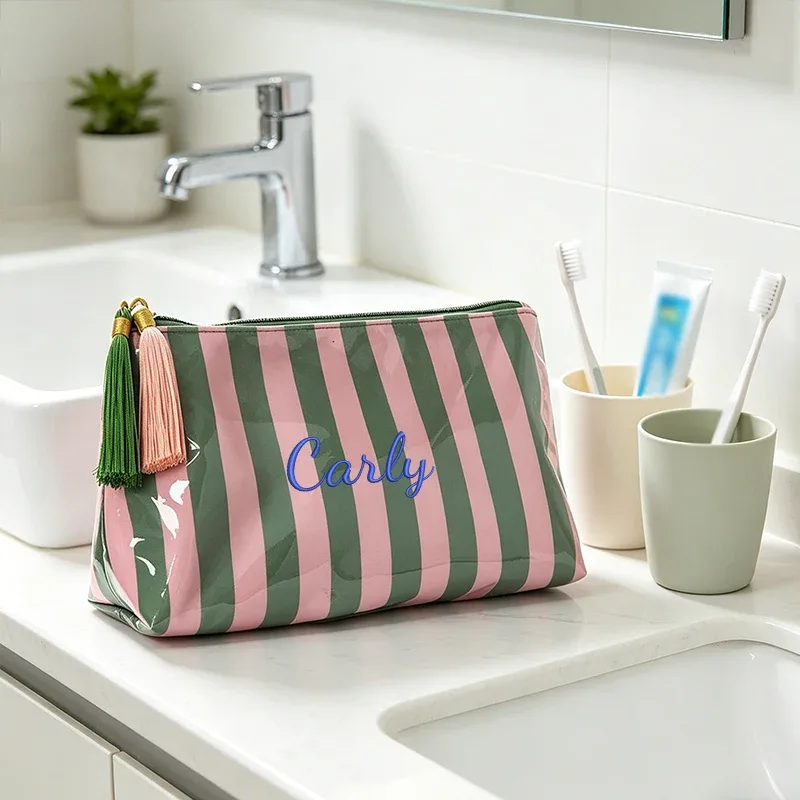 broderie personnalisée/2 options de style standard, pochette rayée, trousse de maquillage à fermeture éclair avec pompon délicat, saison rentrée scolaire, cadeau