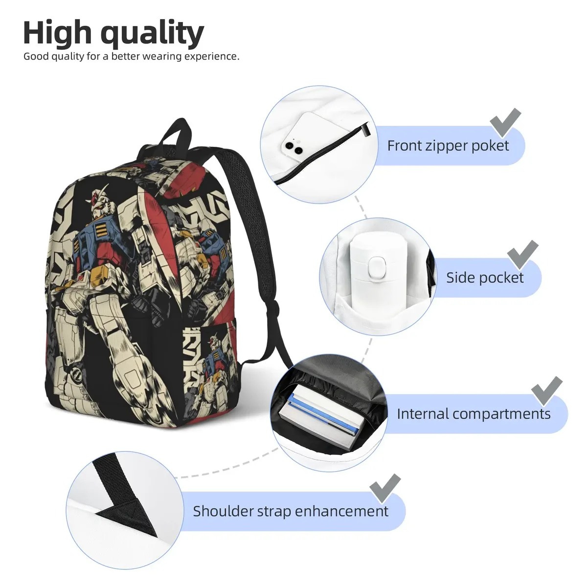 sac à dos gundam, sac à dos streetwear avec robot de dessin animé, sacs d'école unisexes, grands sacs de voyage, sac à dos design