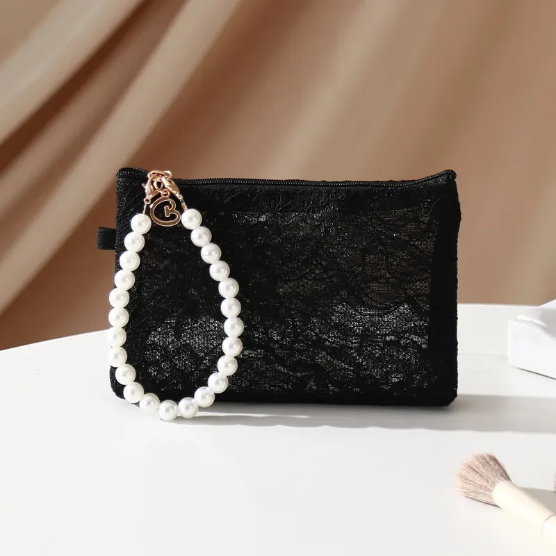 pochette à cosmétiques douce avec chaîne de perles d'imitation pour femmes, petit sac de maquillage en dentelle, organisateur de voyage, sac à main pour pièces de monnaie cosmétiques