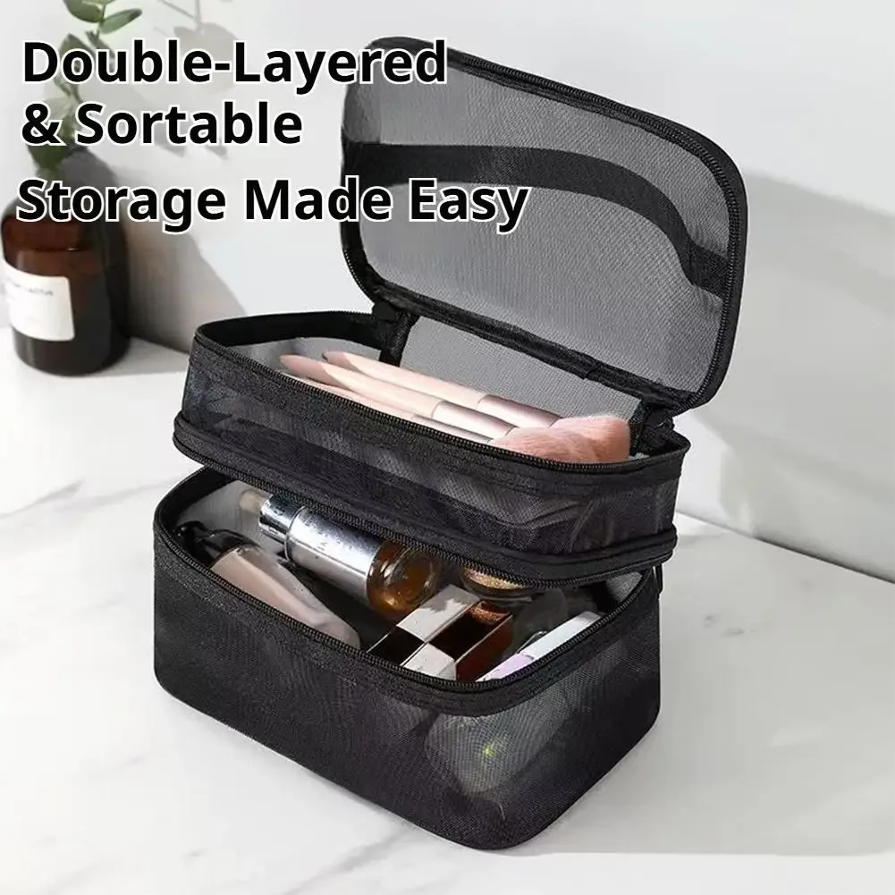 sac à cosmétiques en maille double couche, organiseur de maquillage de voyage, pochette à maquillage transparente à double ouverture, trousse de toilette portable imperméable pour femmes