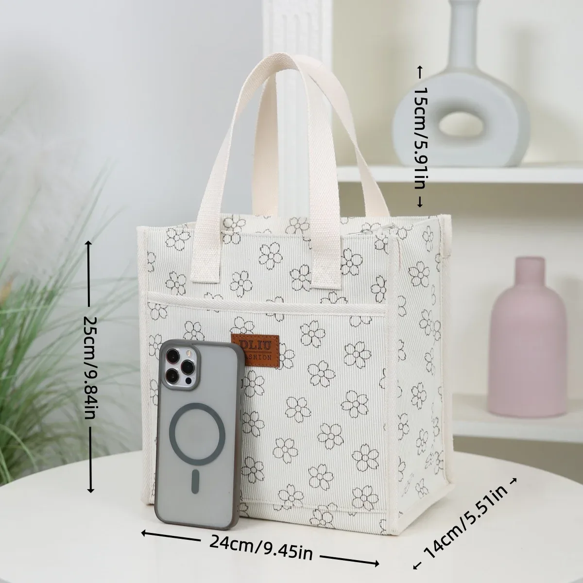 dliu, nouveau style, matière en velours côtelé, sac fourre-tout, sac à lunch, sac de rangement pour boîte à lunch, doublé de feuille d'aluminium, polyvalent pour les trajets quotidiens