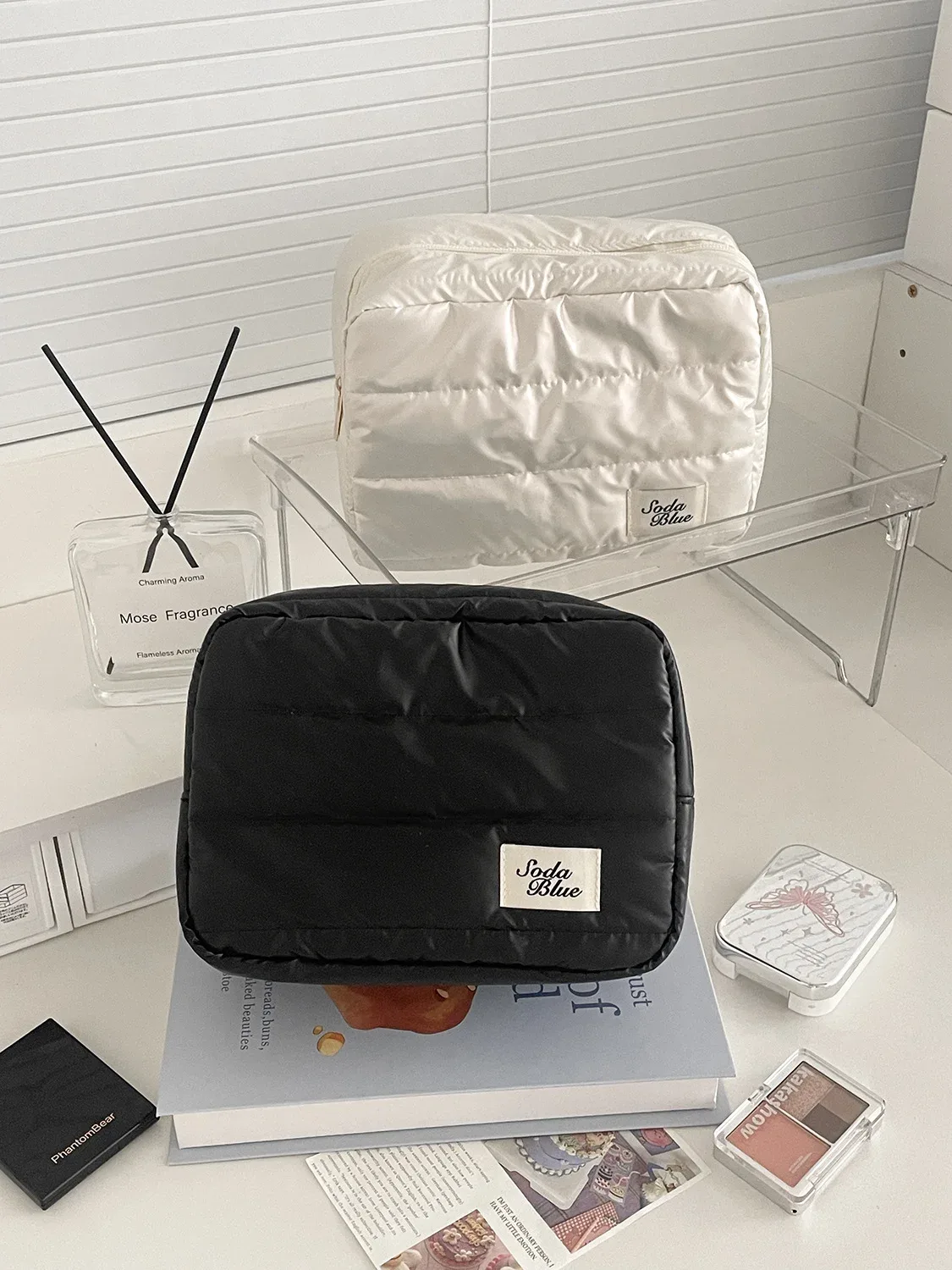 nouvelle trousse de rangement portable brillante effet nacre pour soins de la peau, série lazy line, sac organisateur de maquillage rectangulaire étanche