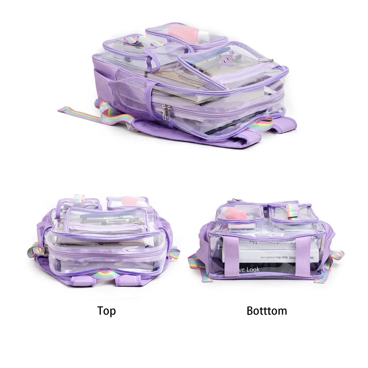 sac à dos transparent approuvé pour les stades, avec plusieurs poches, robuste, pour filles, avec sangle arc-en-ciel