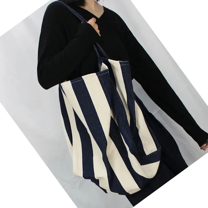 grande capacité style coréen rayure toile sac fourre-tout femme décontracté simple sacs à bandoulière shopping sac à main quotidien fourre-tout sac