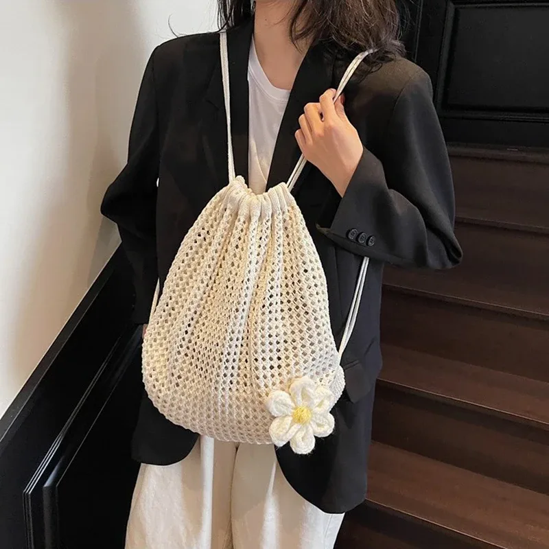 sac à bandoulière en tricot de couleur unie, sac à dos bohème en crochet de grande capacité ajouré, fourre-tout de voyage de plage polyvalent pour femmes