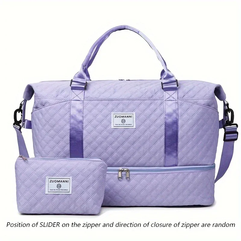 sac voyage nylon motif géométrique relief beige grande capacité bandoulière pochette cosmétiques transport week end