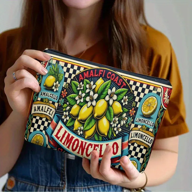 trousse polyester cosmétique citrons jaune fond bleu bandes rouges blanches amalfi coast limoncello voyage maquillage