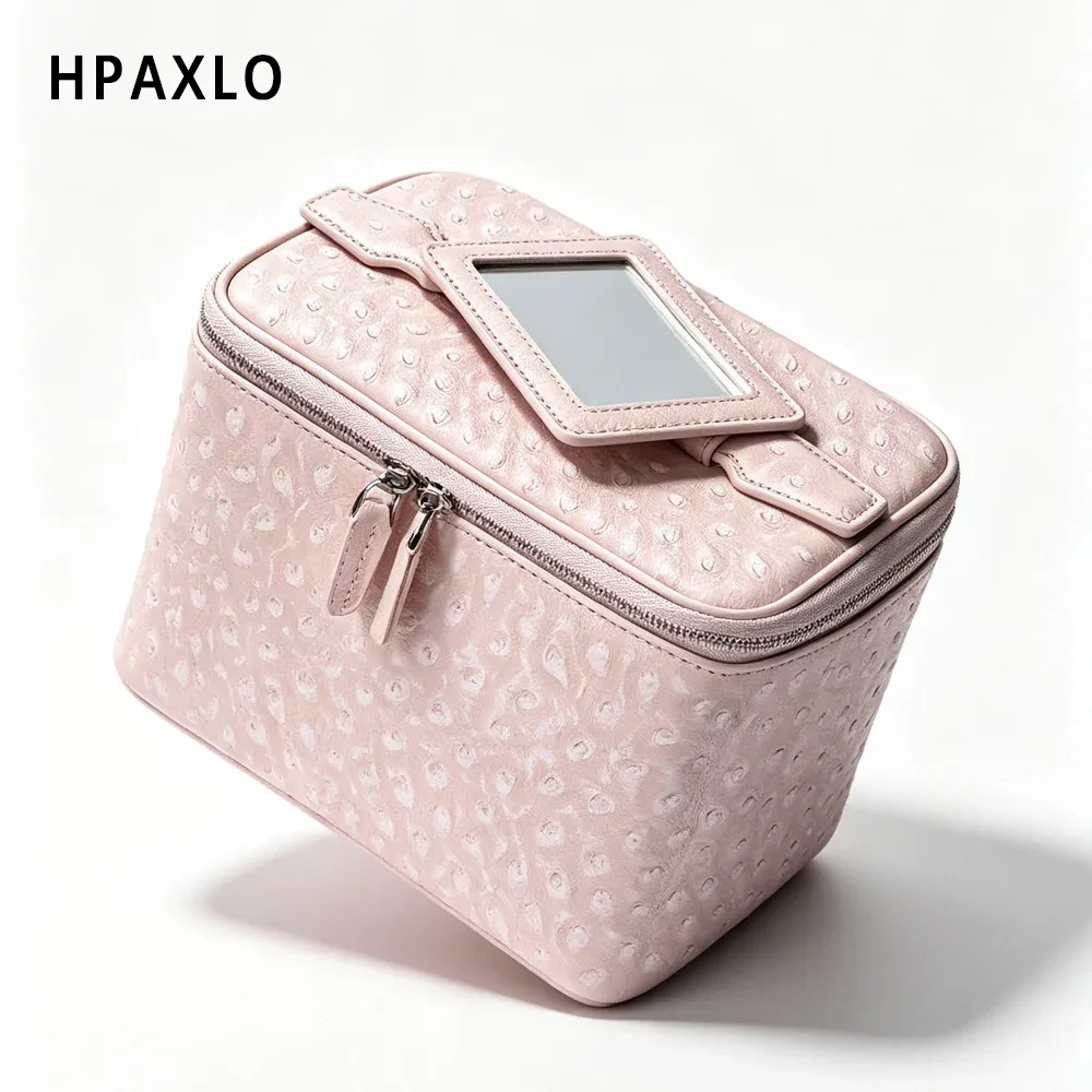 nouvelle trousse de maquillage en cuir d'autruche, organisateur de cosmétiques portable de voyage, rose neige, pour femmes, sac à main, trousse de toilette, pochette à cosmétiques