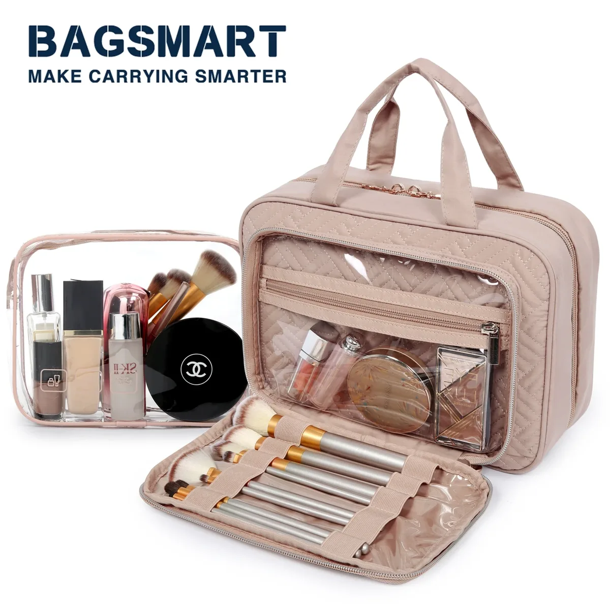 Trousse Toilette PVC Noire Accent Doré Compartiments Organisation Maquillage Voyage Boîte Format Rectangle Motif Géométrique Relief Frontal