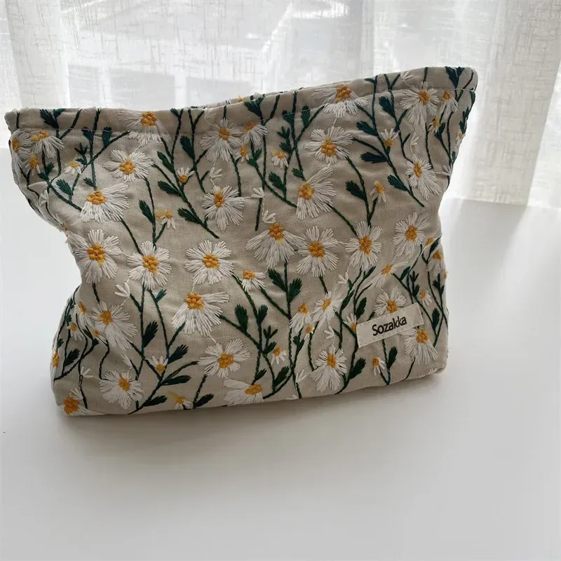trousse à cosmétiques pour femmes, trousse de maquillage florale, organisateur, pochette à cosmétiques brodée coréenne, trousse de toilette de voyage, trousse de beauté en toile de velours côtelé