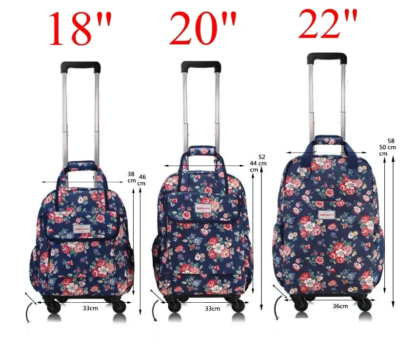 sac dos oxford université motif floral roses rouges fond bleu nuit toupie roulettes transport voyage femmes