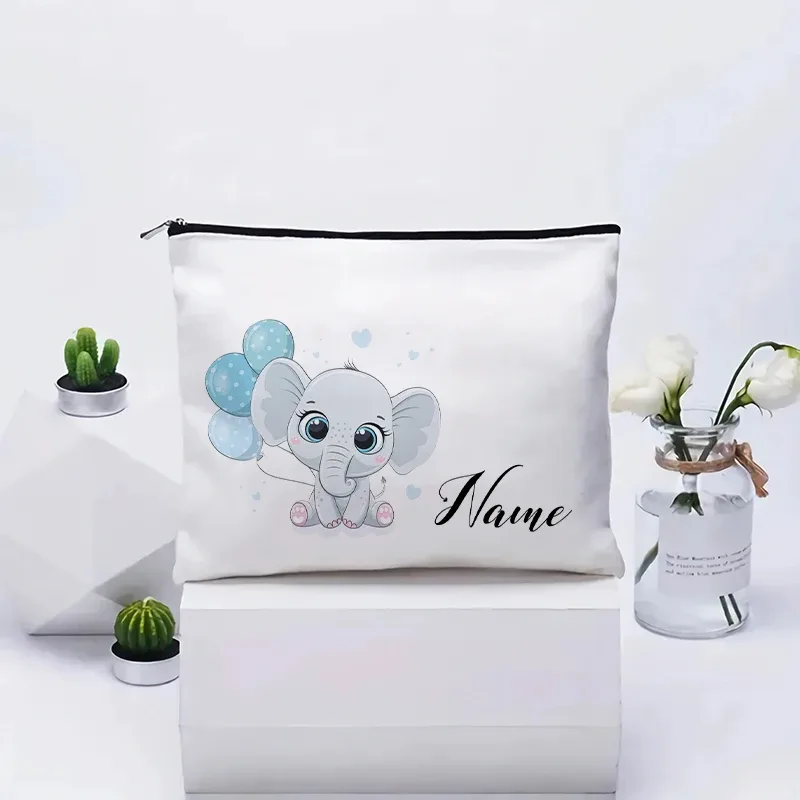 vente flash : grande trousse à maquillage en toile avec motif d'éléphant mignon, essentiels de voyage pour anniversaire d'enfants, trousse de maquillage avec nom personnalisé