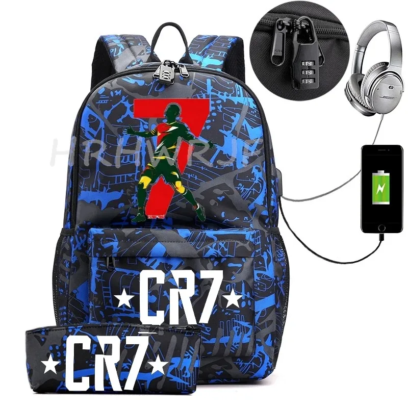 sac à dos usb cr7 pour femmes et hommes, sac à dos de voyage décontracté anti-vol, sacs d'école pour adolescents avec capacité pour ordinateur portable, avec trousse à crayons, 2 pièces