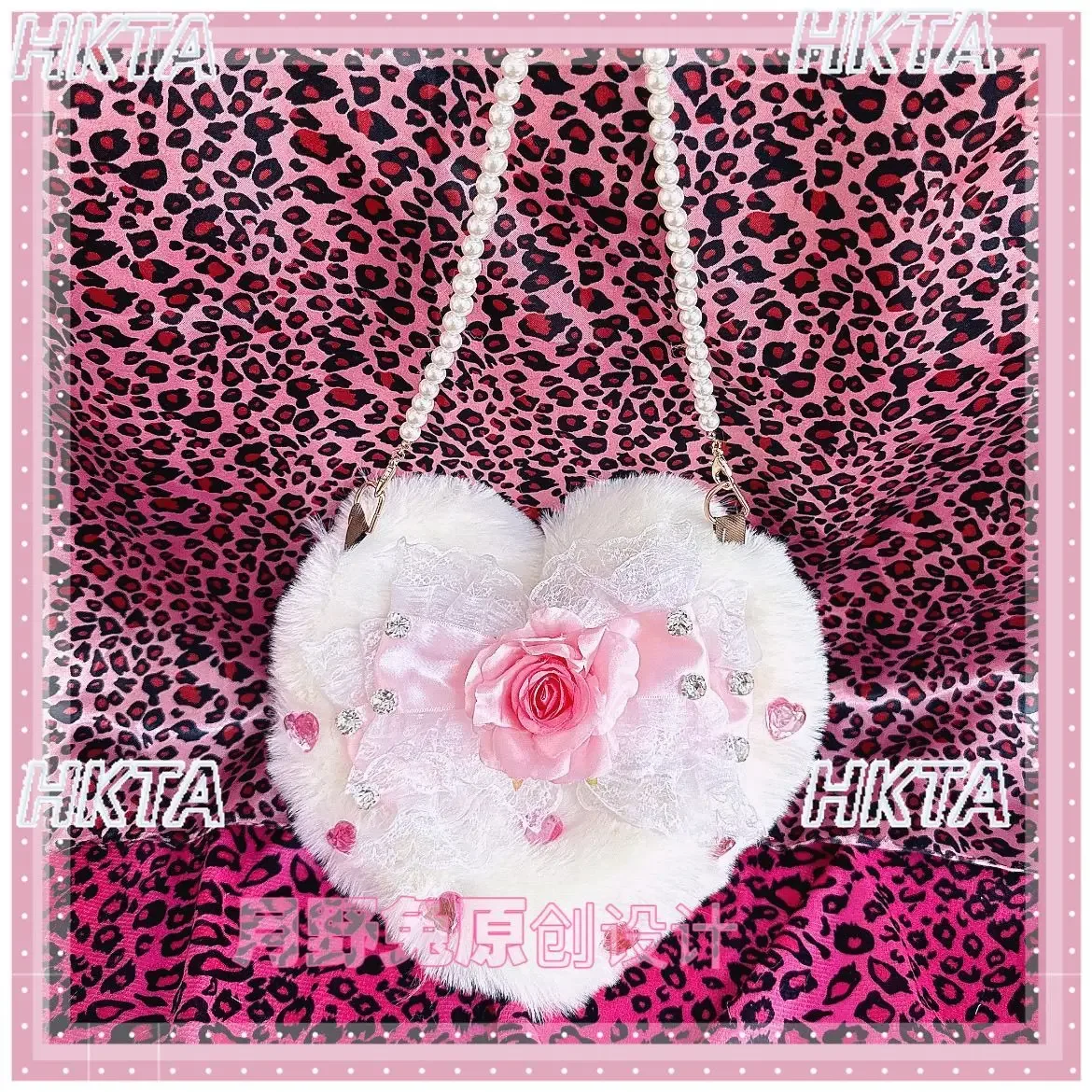 sac à main original fait main en fourrure et perles, style lolita princesse, avec chaîne et nœud en forme de cœur, sac à dos lolita mignon