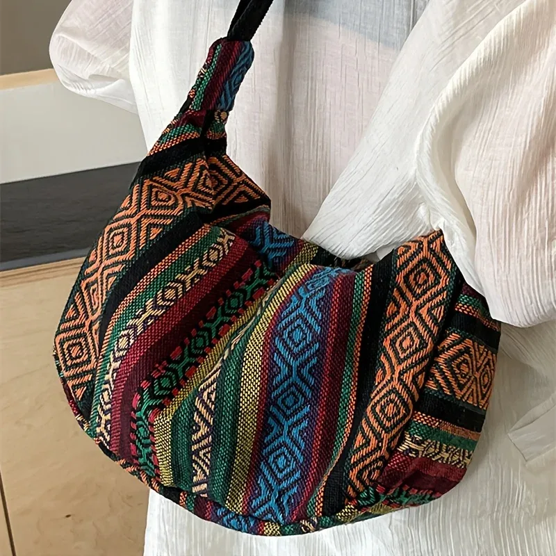 sac à bandoulière de style tribal, bandoulière pliable avec fermeture à glissière, motif rayé, thème drapeau, bord lavable à la main, doublure peinte