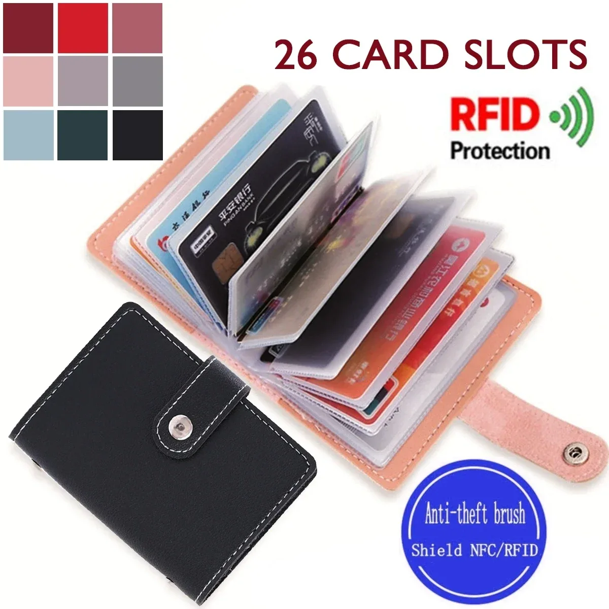 portefeuille en cuir pour femmes et hommes, 26 emplacements pour cartes d'identité et de crédit, blocage rfid, pochette de rangement