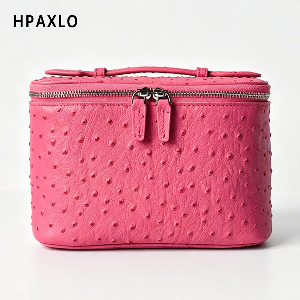 sac de toilette pour femme en cuir véritable à motif d'autruche, sac de voyage carré tendance, organiseur de cosmétiques, grand sac à cosmétiques, sac à main, neuf