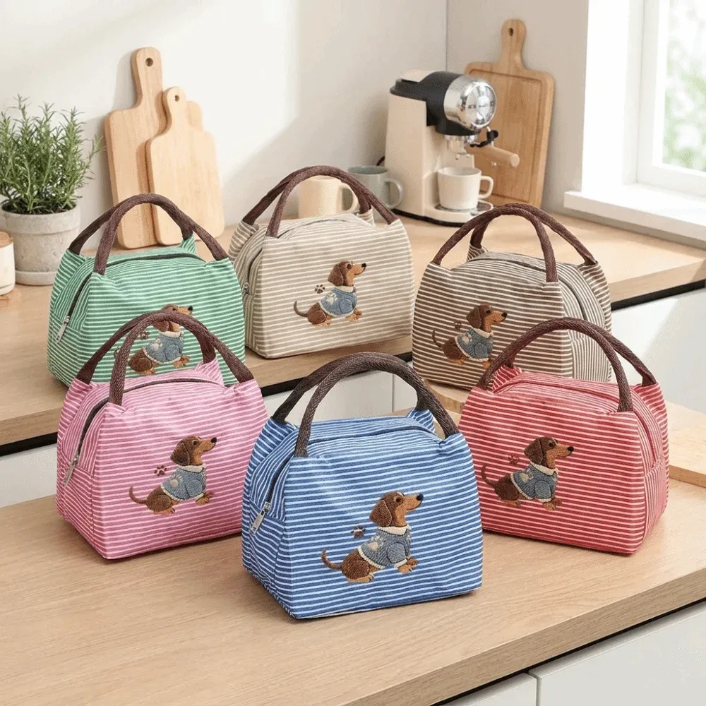 sac isotherme à déjeuner exquis avec broderie de chiot, sac fourre-tout isolé à rayures, sac portable pour aliments, idéal pour l'école