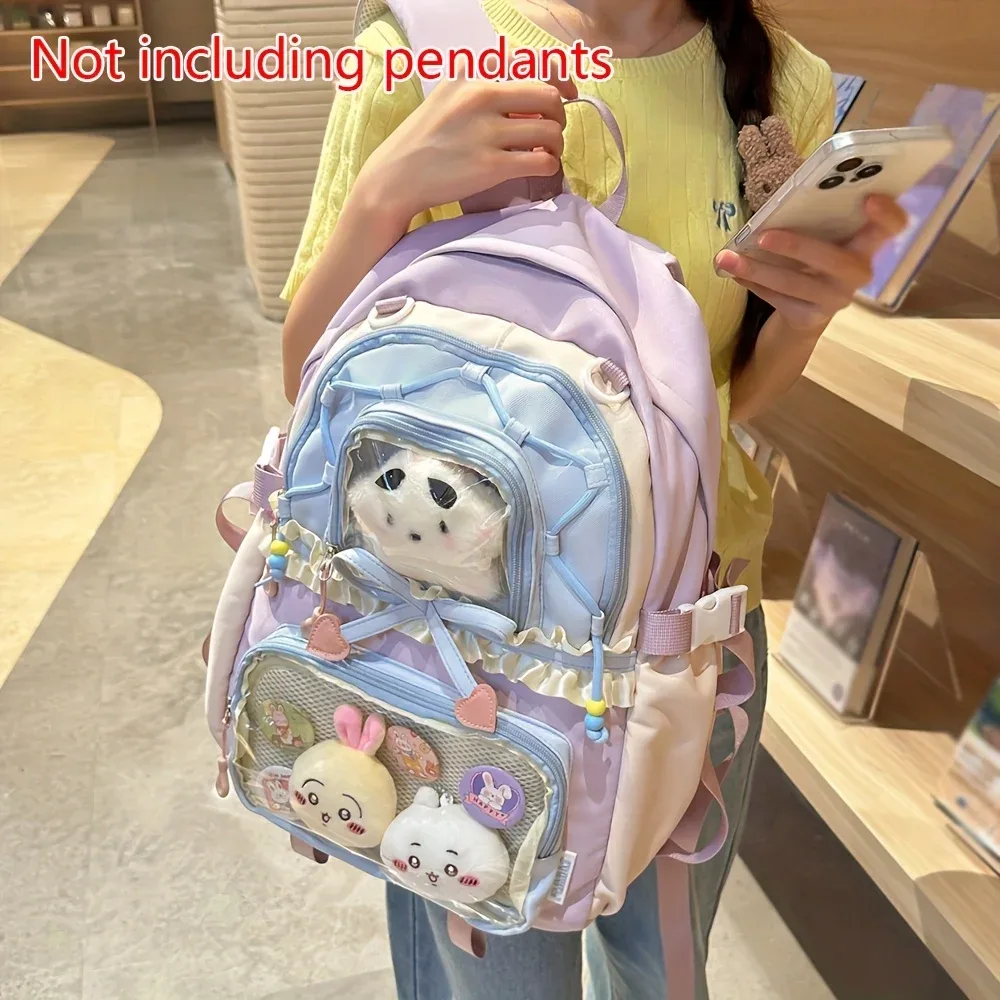 sac dos nylon unisexe pastel gris rose bleu clair motifs lapins coeurs accessoires voyage léger