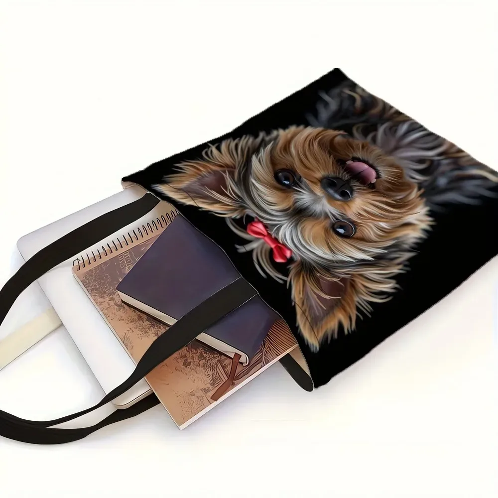 sac fourre-tout chic à imprimé chien, 1 pièce, en polyester, avec adorable motif yorkie, réutilisable pour femme, sac à bandoulière décontracté