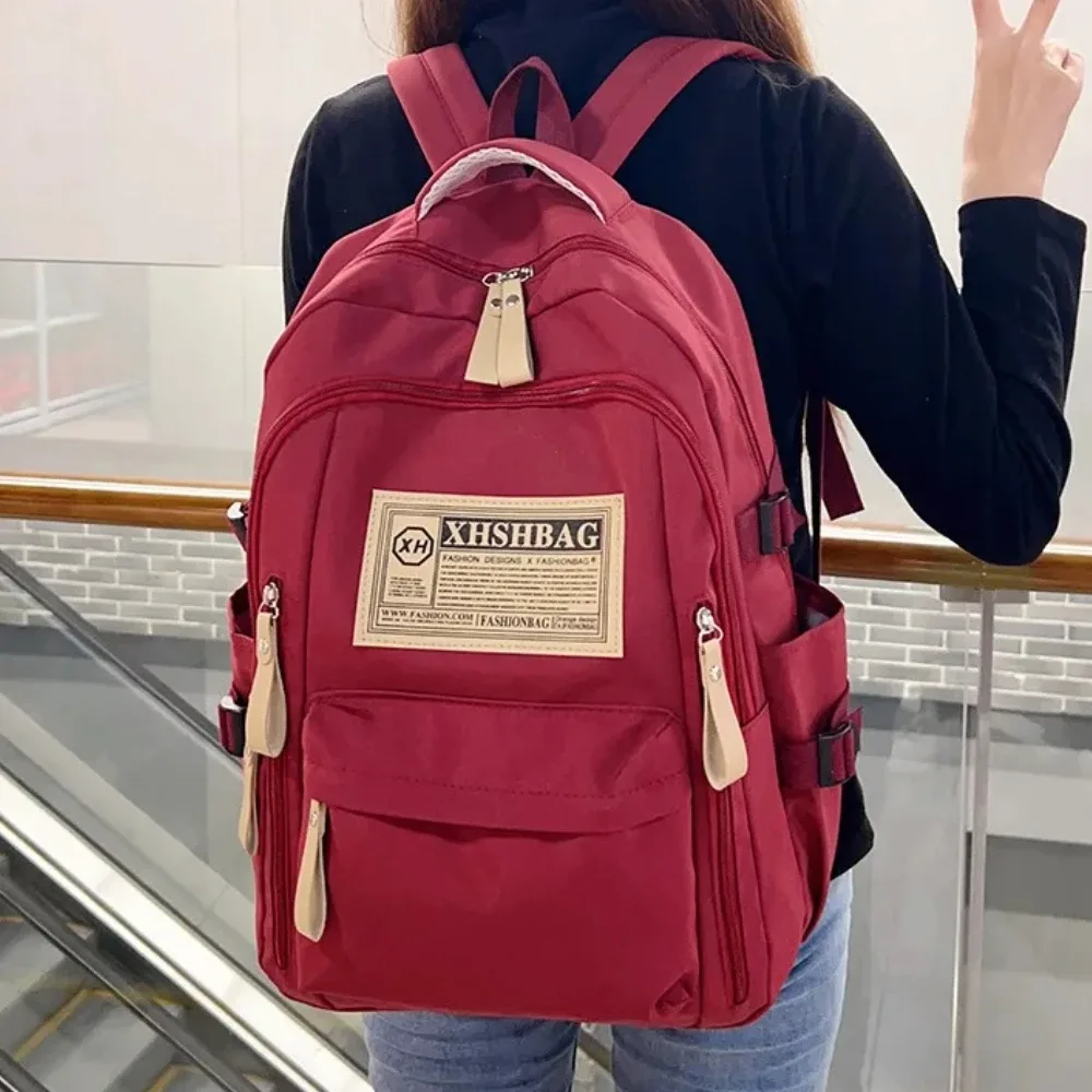 Sac Dos Nylon Solide Beige Rouge Noir Kaki Décontracté Poignée Souple Fermeture Éclair Usage Journalier