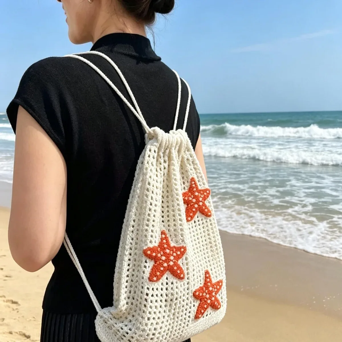 sac à dos tendance en maille brodée étoile de mer ajourée - grande capacité avec cordon de serrage, motif étoile de mer orange, peut contenir un ballon de basket, un ballon de football et des équipements de camping, en