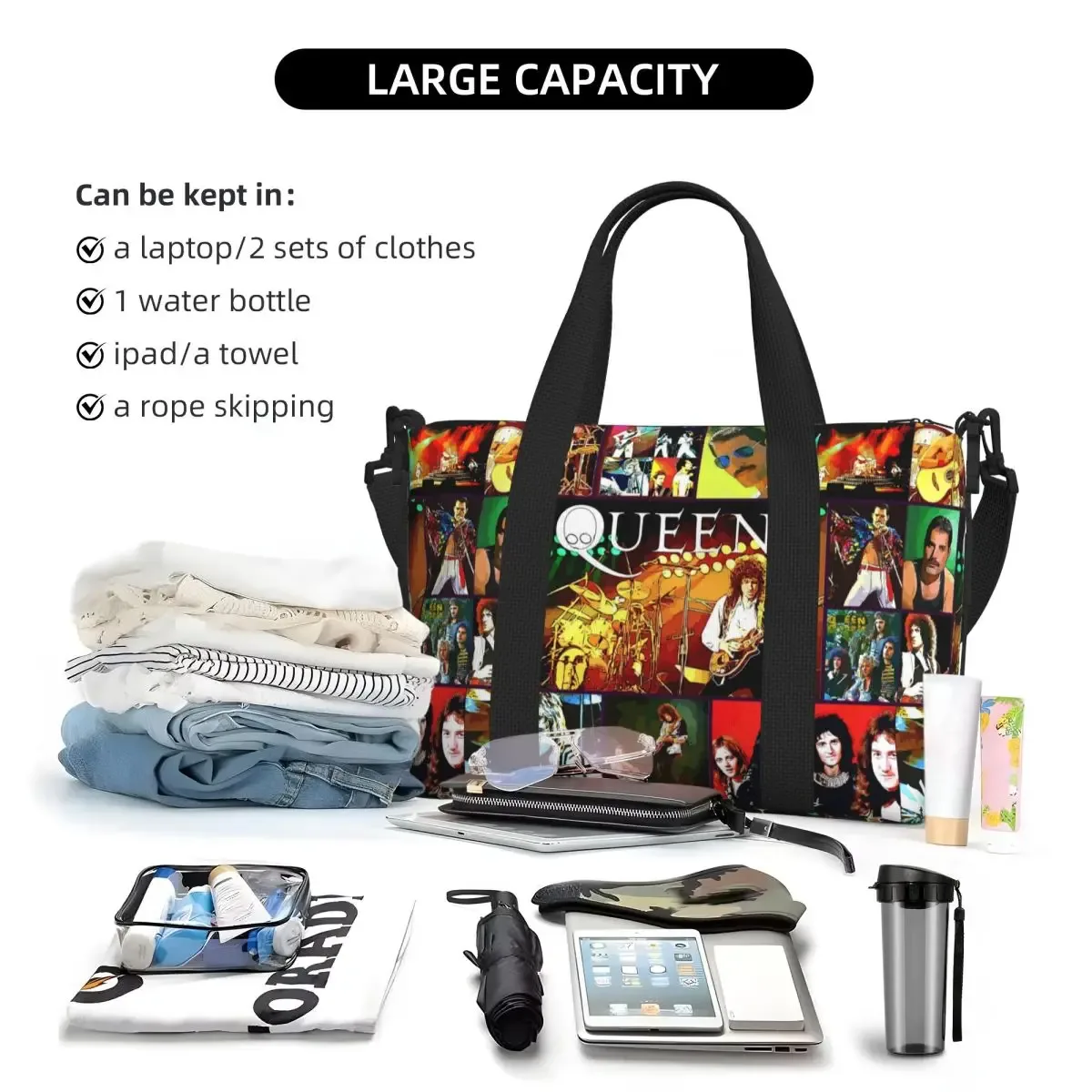 sac fourre-tout personnalisé freddie mercury queen band pour femmes, sac de voyage à bandoulière de plage de grande capacité
