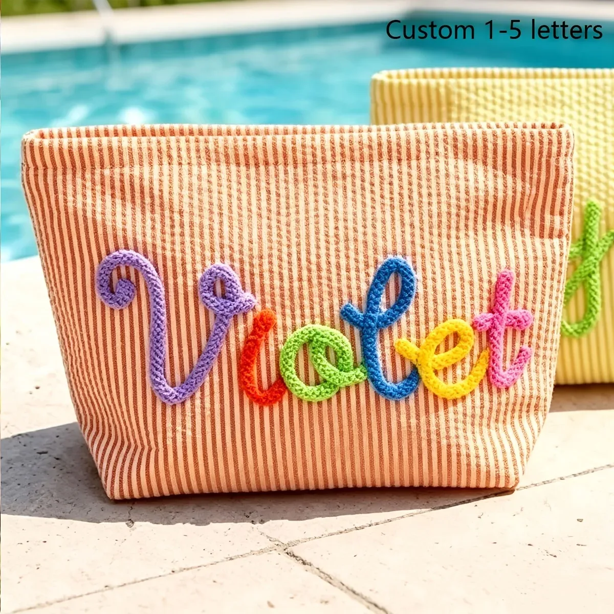 organisateur voyage polyester rayé vert rose orange violet nom personnalisable sécurité santé durabilité polyvalence plage