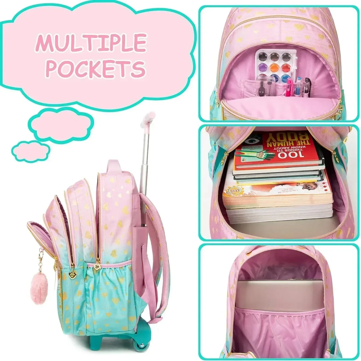 sacs d'école à roulettes pour filles, 3 pièces, sac à dos étanche pour enfants avec roulettes, chariot d'école primaire, sac de livre à bagages