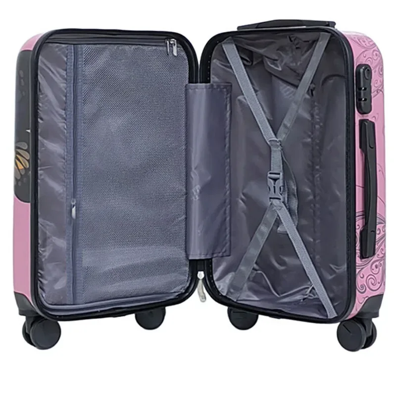 valise à roulettes silencieuse pour femmes, valise légère à roulettes, valise à motif papillon pour dames, serrure tsa avec boîte de maquillage