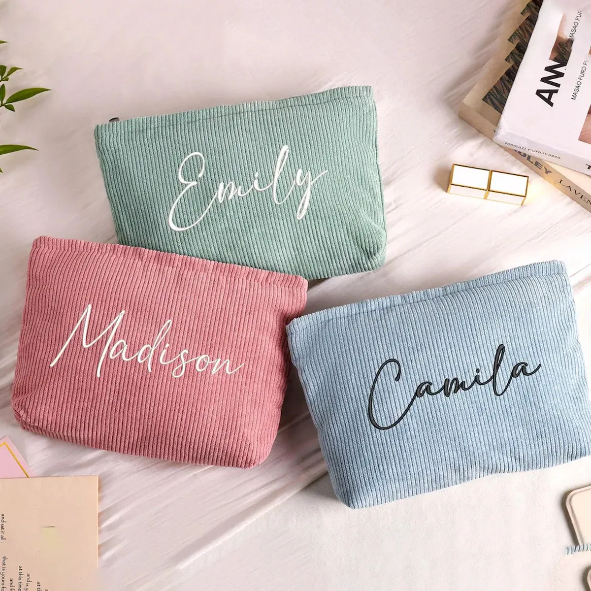 pochette à maquillage en velours côtelé personnalisée, pochette de rangement texturée douce pour ranger les cosmétiques, idéale pour un usage quotidien, les vacances à la plage et les voyages
