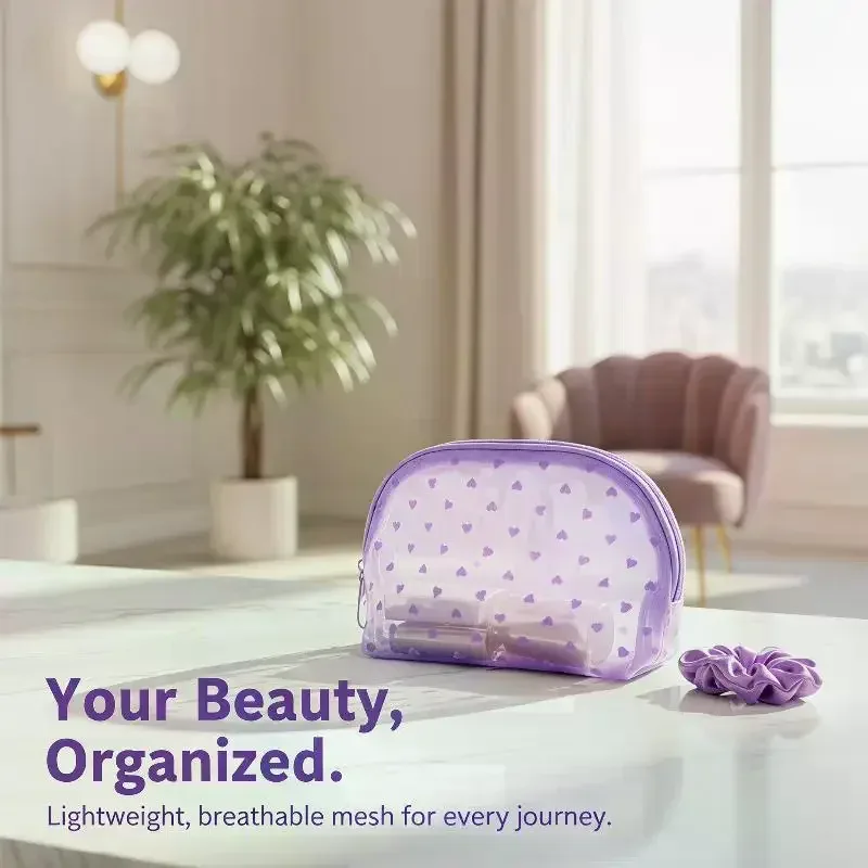 sac de maquillage en maille transparente en forme de cœur, pochette de rangement multifonction portable pour femmes, pochette de toilette pour dames, sacs organisateurs de rouge à lèvres