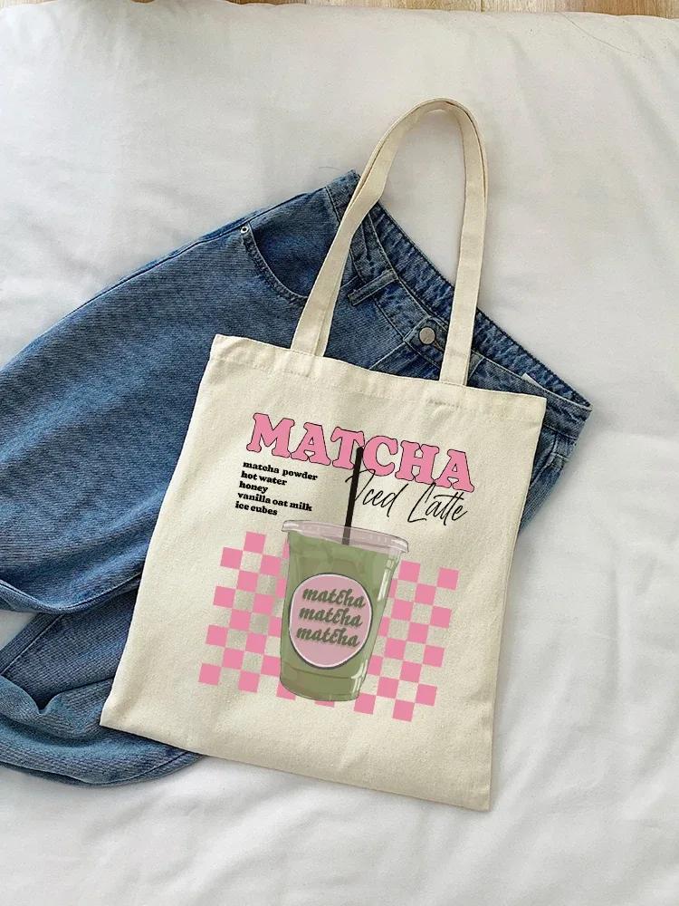 sac fourre-tout en toile à motif matcha latte, sac à bandoulière pour voyage, déplacements quotidiens, sac de courses réutilisable pour femmes, cadeau pour les amateurs de matcha, 1 pièce