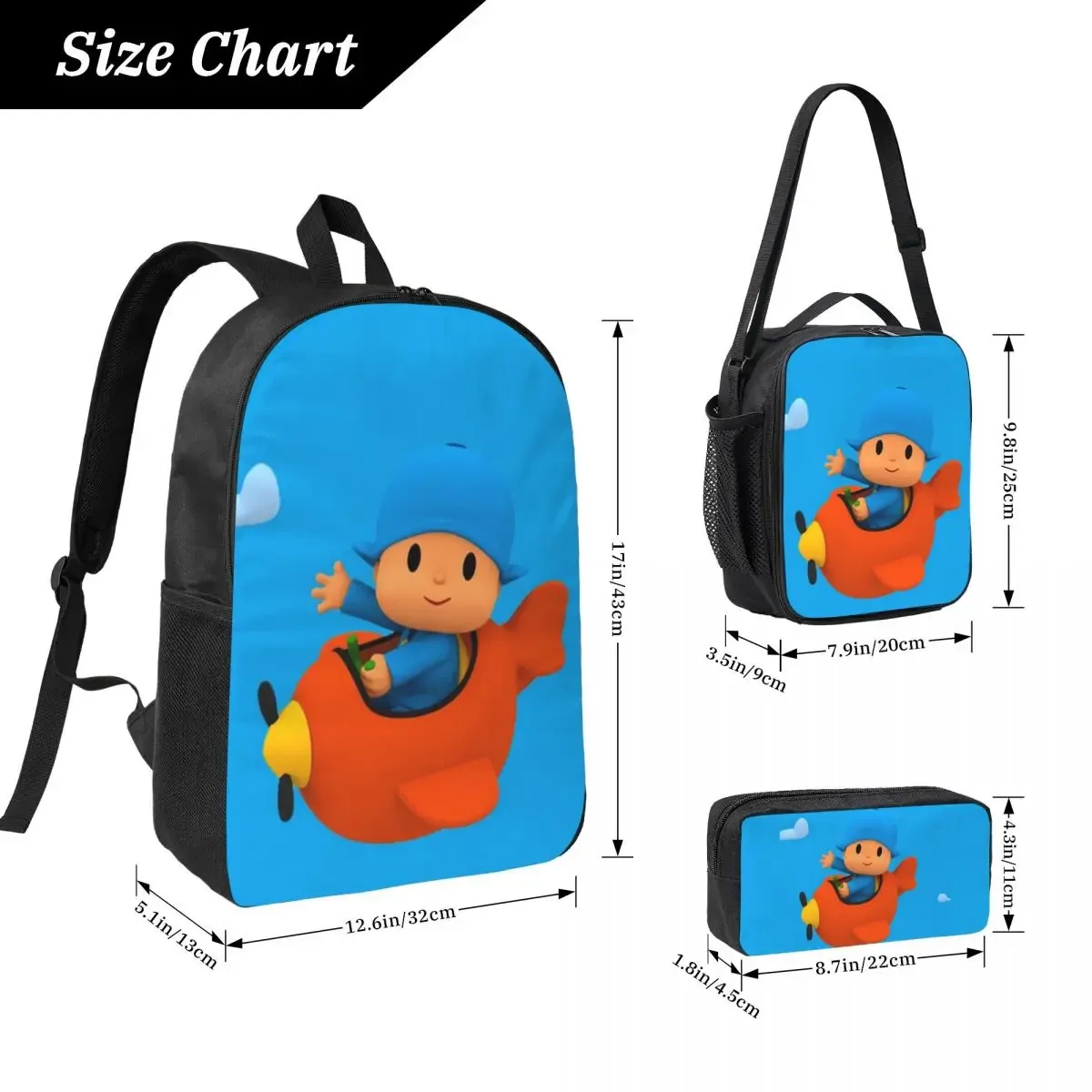 sac à dos bleu pocoyo pour enfants, sac à livres pour étudiants, sac d'école, sacs à bandoulière pour ordinateur, 3 pièces, sac à déjeuner isotherme, trousse à crayons