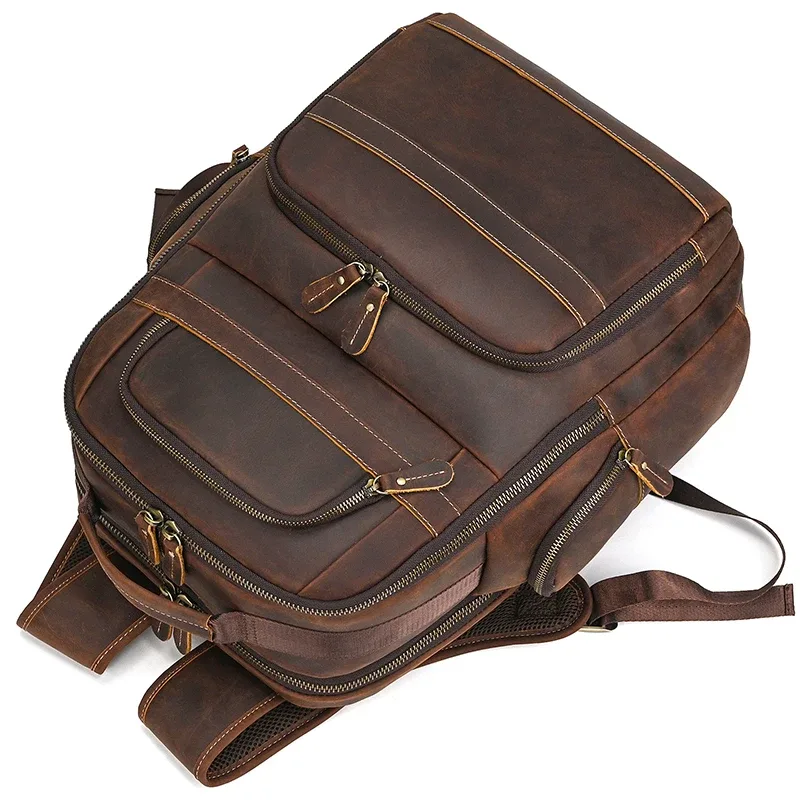 sac à dos pour ordinateur portable haute capacité sac de voyage en cuir véritable pour hommes sacs à dos en cuir de cheval fou livraison directe sac d'école grand