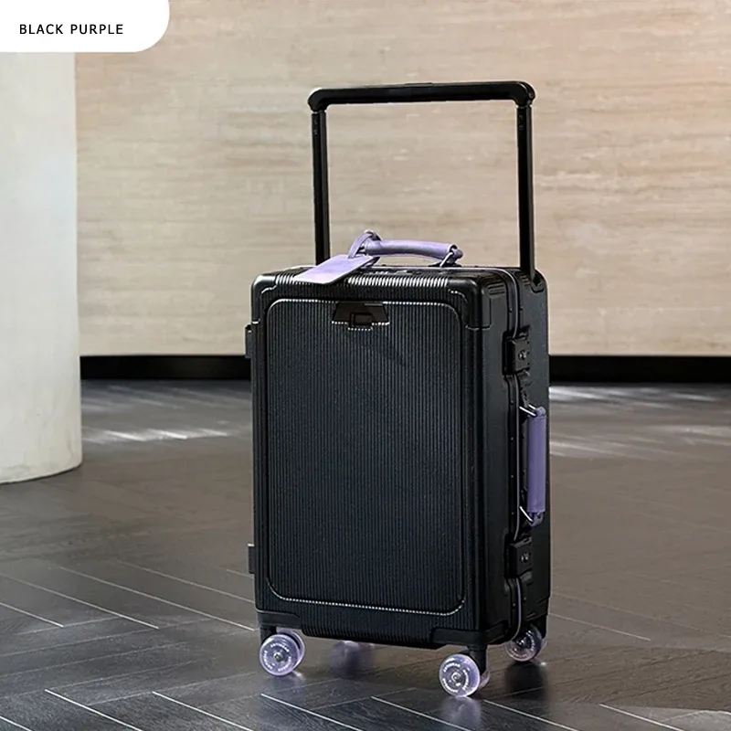 valise roulettes toupie poignée supérieure texture rugueuse couleur blanche accents violet doré usage voyage