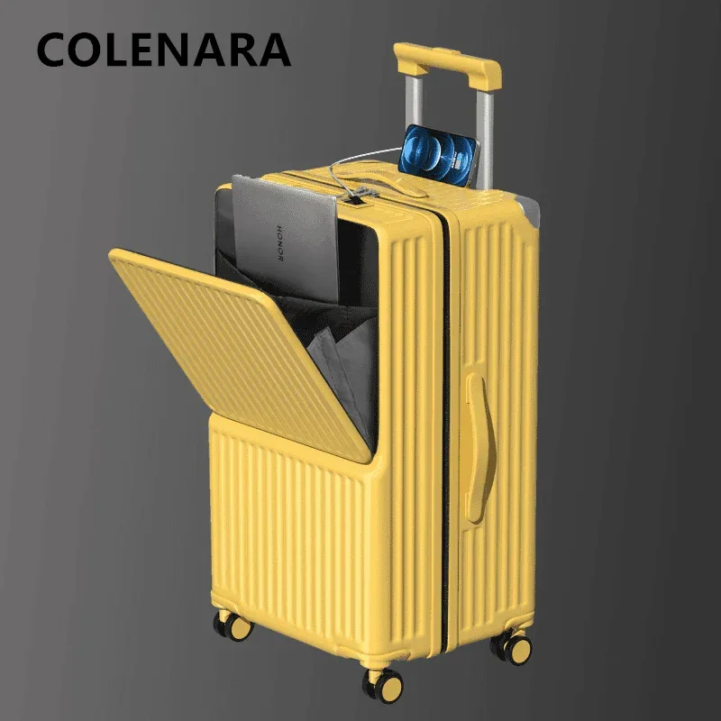 valise bagage roulante plastique dur jaune doré lignes verticales grande capacité voyage business compartiment ordi portable
