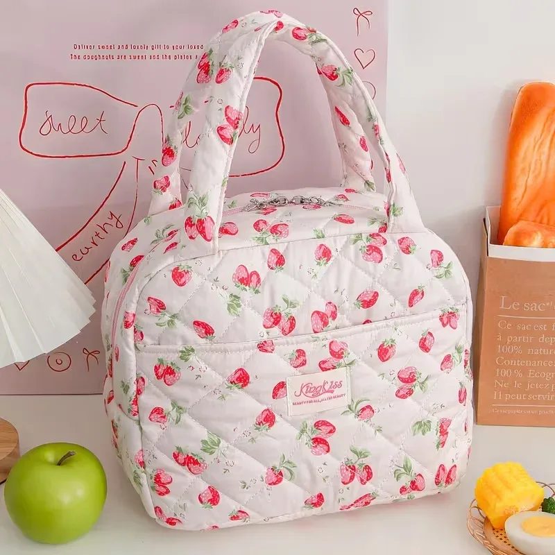 grande capacité - sac fourre-tout imprimé de jolies fleurs, fraises et cerises, pour garder les repas au chaud et au froid (non en contact avec les aliments)