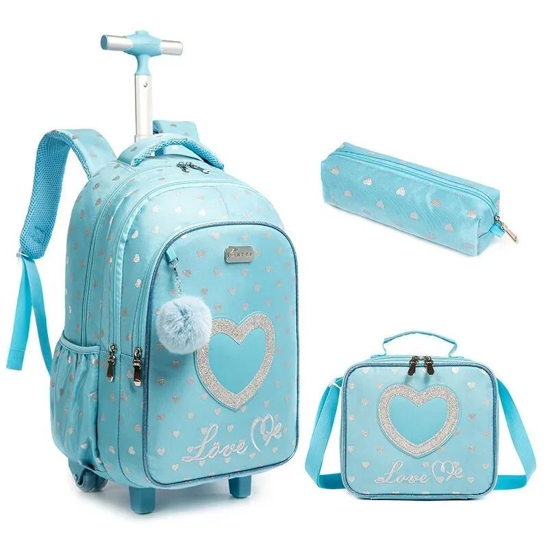 sac dos polyester toile dessin animé bleu pastel coeurs dorés love scolaire transport voyage filles