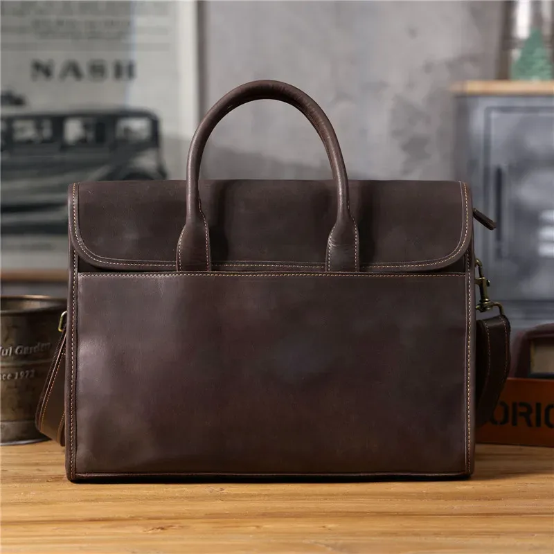 pndme affaires vintage designer crazy horse peau de vache porte-documents pour hommes décontracté bureau travail en cuir véritable avocat sac à main pour ordinateur portable
