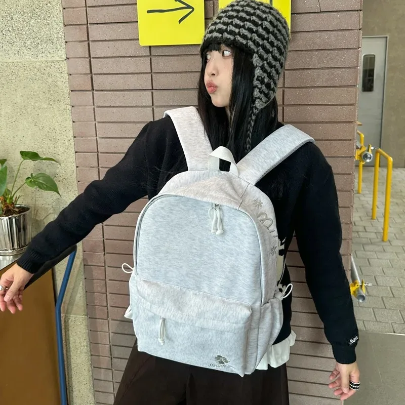 sac à dos noir minimaliste pour femmes, sac d'école décontracté avec broderie florale pour étudiants, utilisation quotidienne, voyage