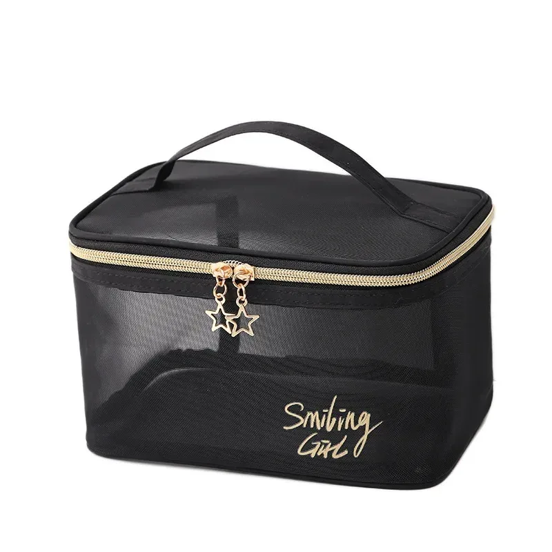sac à cosmétiques de voyage pour femmes, grande capacité, étui de maquillage en maille noire, pochette de rangement, trousse de toilette décontractée à fermeture éclair, sacs de lavage de maquillage