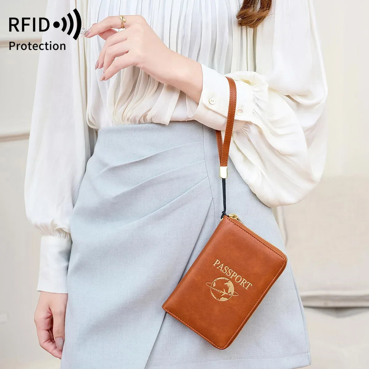 porte-passeport bloquant rfid, portefeuille de voyage, passeport, sac pour cartes de crédit, portefeuille multifonctionnel à fermeture éclair avec dragonne, à la mode