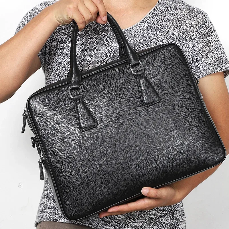 porte-documents à double fermeture éclair pour hommes, sac à bandoulière en cuir véritable, sacs pour ordinateur portable de 14 pouces, sac à main de grande capacité, mallette d'affaires pour hommes