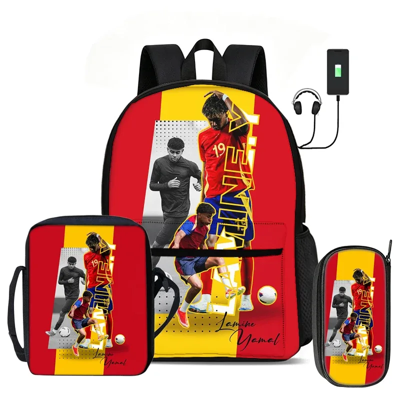 l-lamin yamal ensemble de 3 pièces : sac à dos, sac à bandoulière, trousse à crayons, sac à dos de sport pour enfants, motif star de football